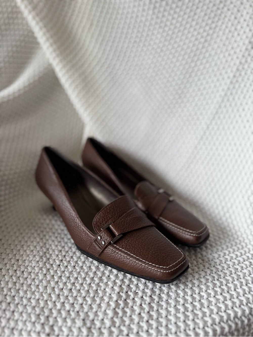 Stuart Weitzman Brown Pebbled Leather Heeled Loafers